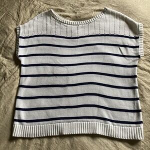 Tommy Bahama Knit Sweater Vest Top White Navy Blue Stripe Womens M Nautical EUC